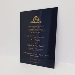 Elegant black plastic wedding invitation featuring acrylic glass accent